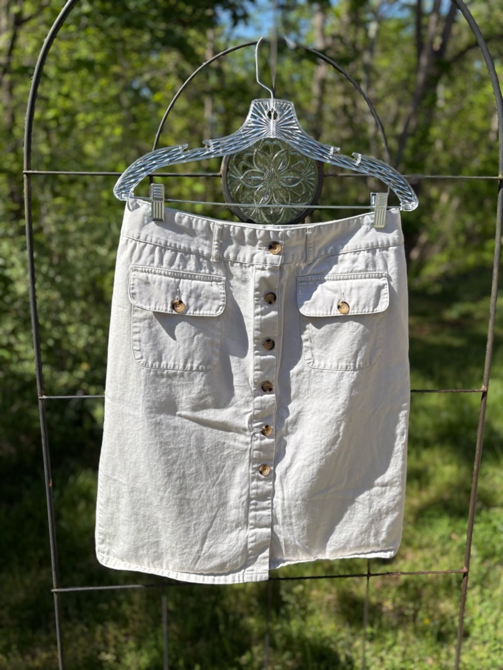 Vintage Basic Editions Cream Button-Front Knee Length Skirt Khaki Chino Cotton
